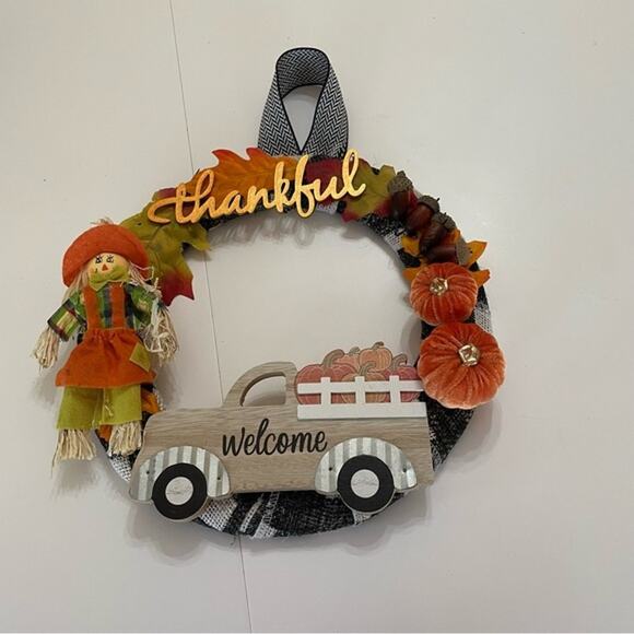 Wreath Handmade Fall Autumn Harvest Thankful Scarecrow - Picture 1 of 7